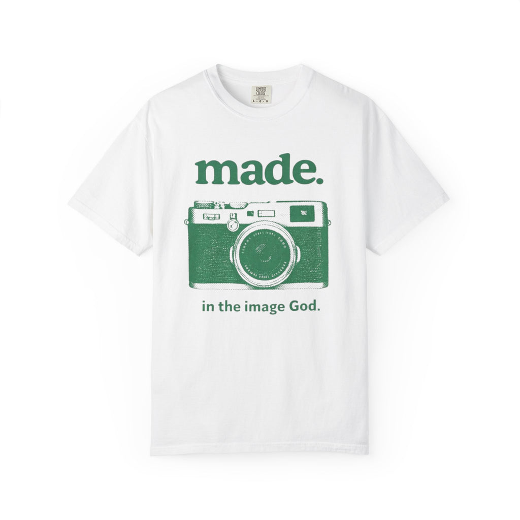 Made. Camera Graphic T-Shirt — "made. in the image God." Christian Photography Tee